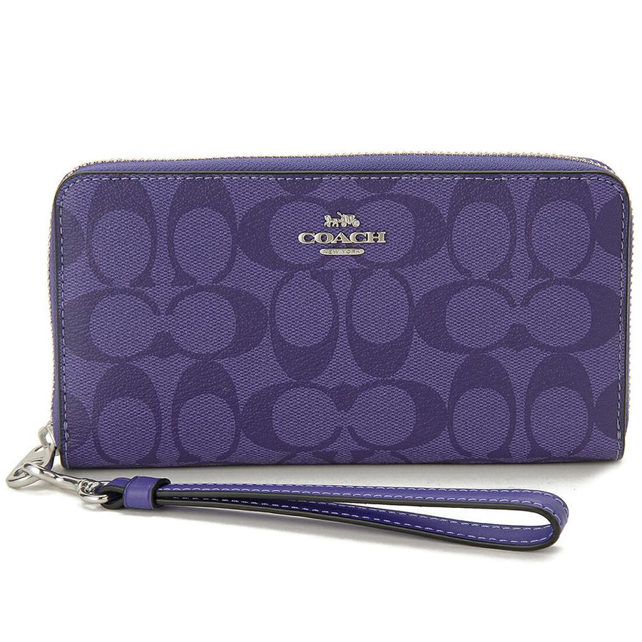 COACH C4452 Long Zip Around Wallet with Detachable Strap Signature Canvas Sport Purple