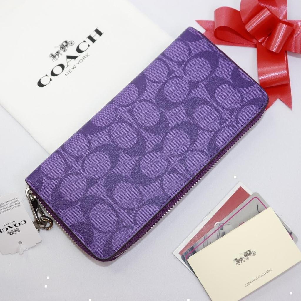 COACH C4452 Long Zip Around Wallet with Detachable Strap Signature Canvas Sport Purple